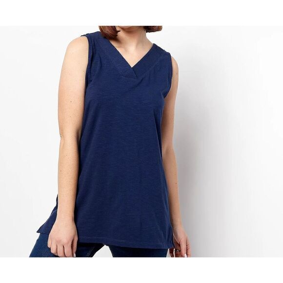 N-152 Denim & Co. Essentials Textured Knit V-Neck Tank Tunic NAVY size S - Picture 1 of 1